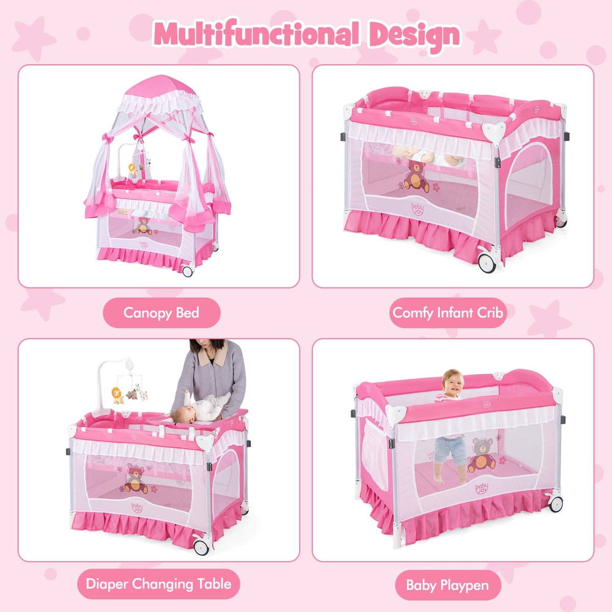 4 in 1 Pack and Play with Canopy, Portable Playard with Bassinet J564