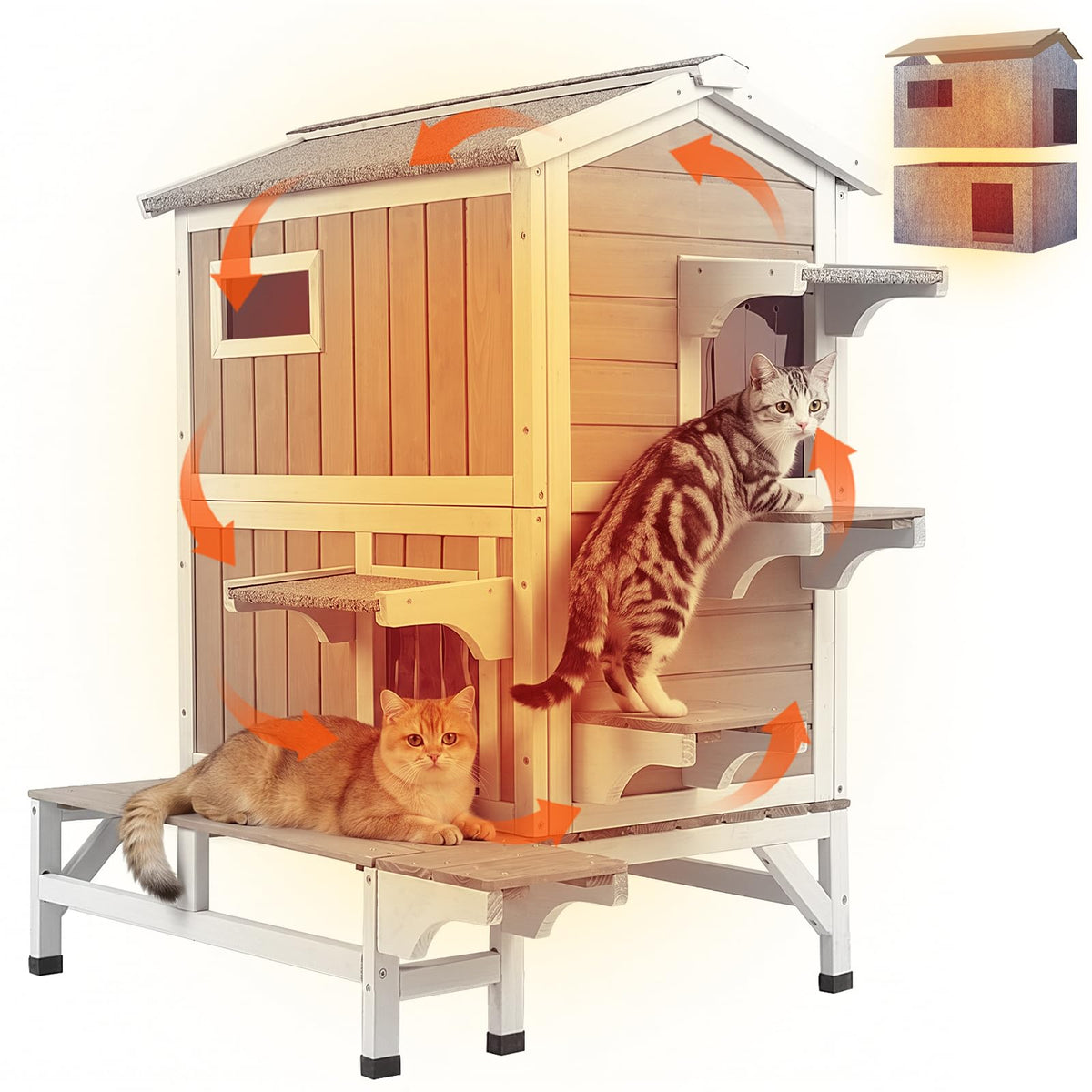 Insulated Outdoor Cat House 2-Story Wooden Shelter H688945