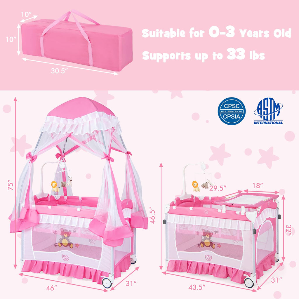 4 in 1 Pack and Play with Canopy, Portable Playard with Bassinet J564