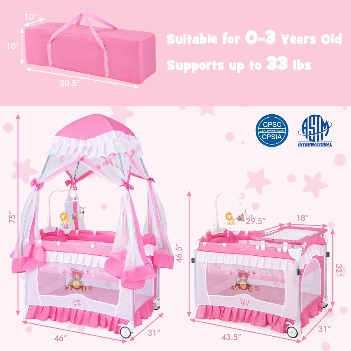 4 in 1 Pack and Play with Canopy, Portable Playard with Bassinet J564
