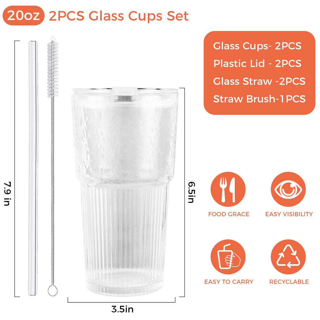 20oz Glass Cups with Lids and Straws, 2 PCS K161
