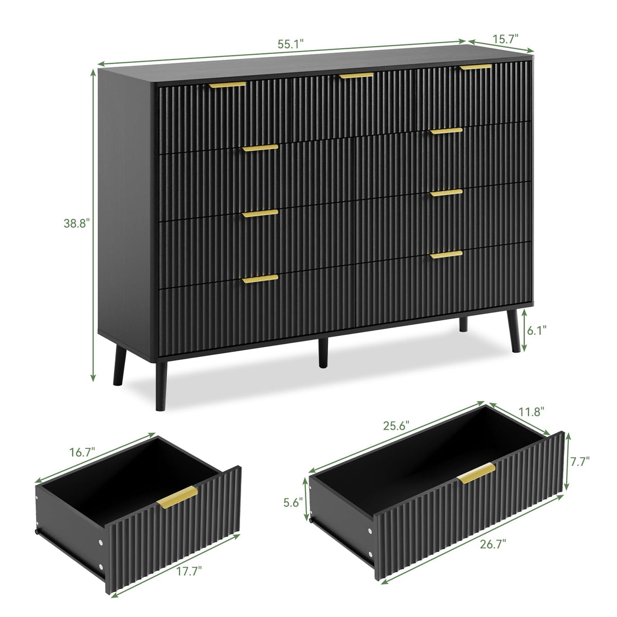 Black 9 Drawer Fluted Wood Dresser X340