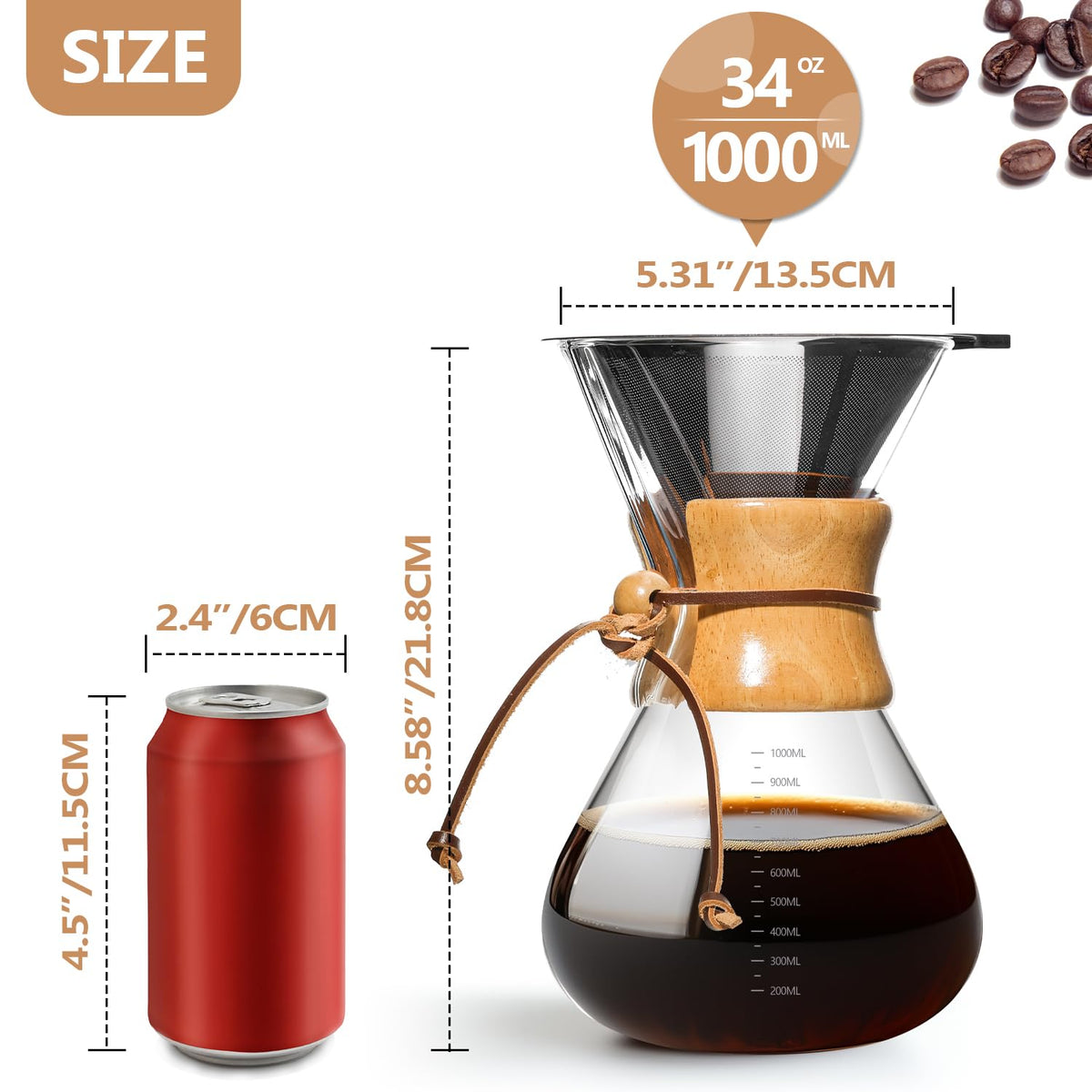 34 OZ Borosilicate Glass Pour Over Coffee Maker with Reusable Stainless Steel Filter N56980