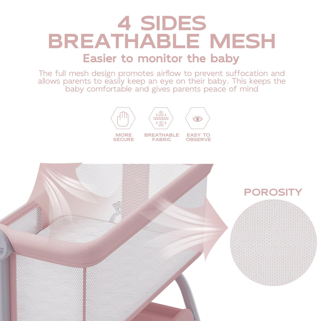 Baby Bassinet Bedside Crib with Mattress & Sheet, 4-Sided Mesh, Pink G205