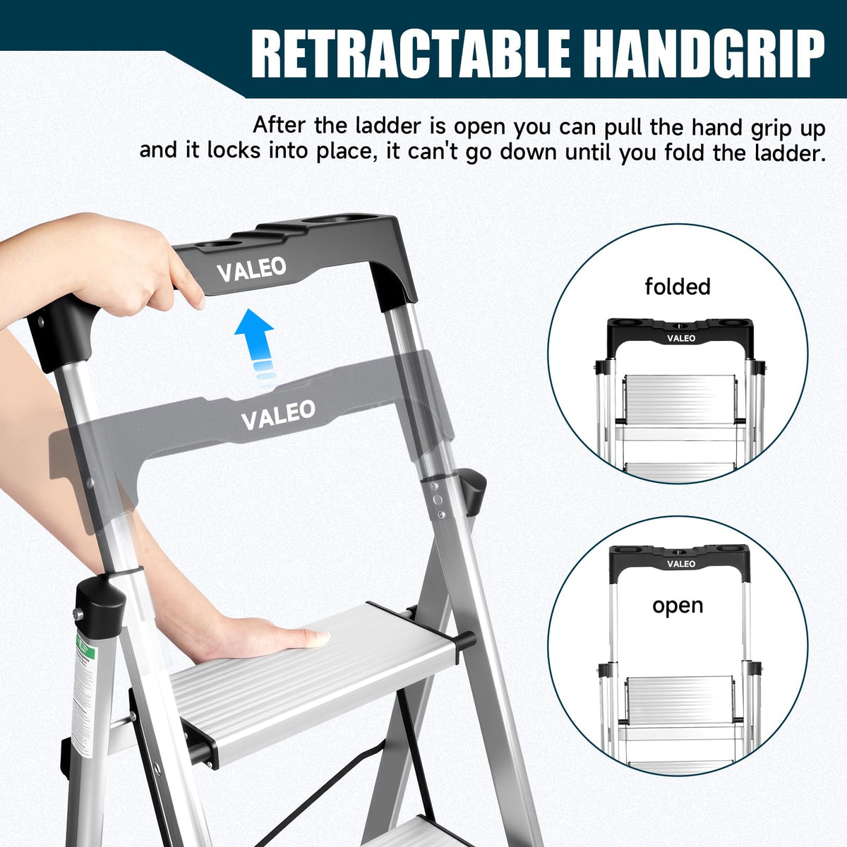 Aluminium 4 Step Ladder with Retractable Handgrip, 330 lbs Capacity, Silver H6982