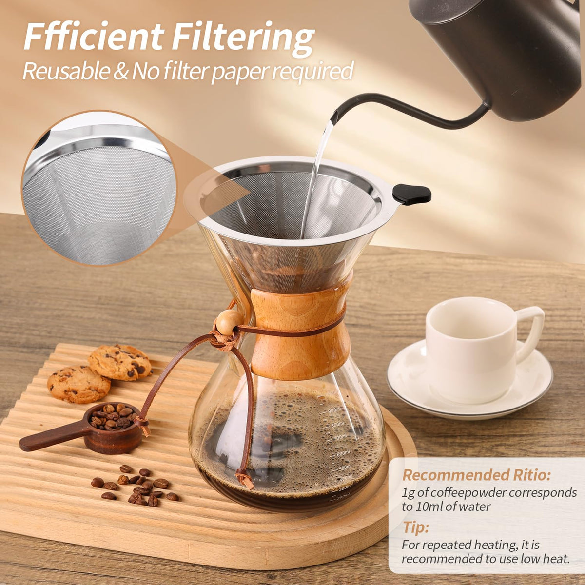 34 OZ Borosilicate Glass Pour Over Coffee Maker with Reusable Stainless Steel Filter N56980