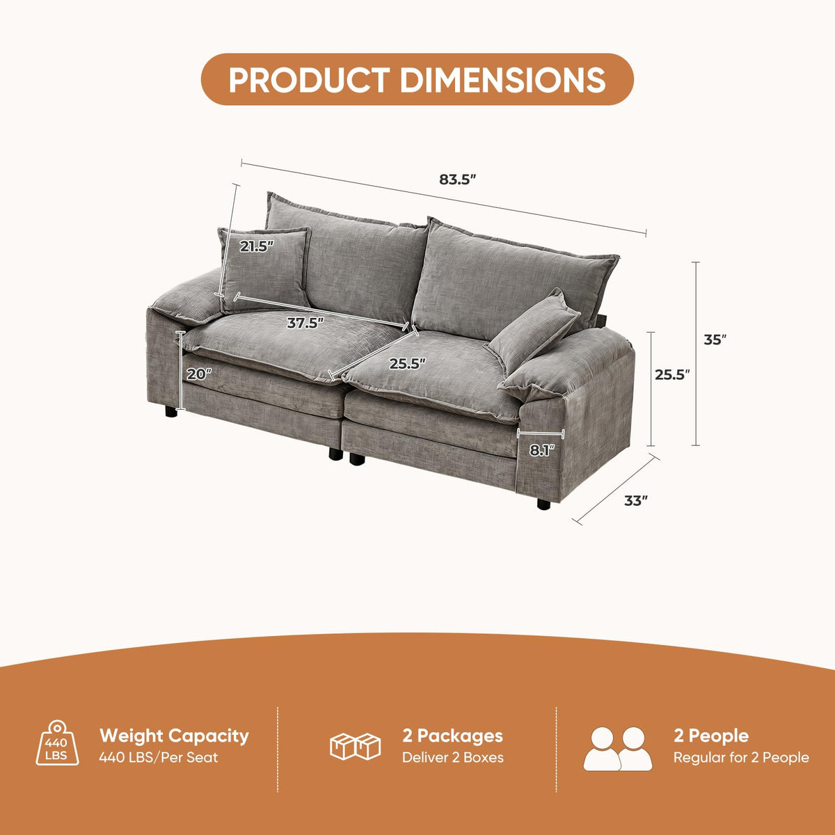 Light Gray Chenille 2 Seater Sofa with Pillows S67319