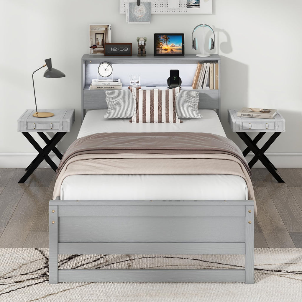 Twin Wood Platform Bed with Storage Headboard and Charging Station S4056