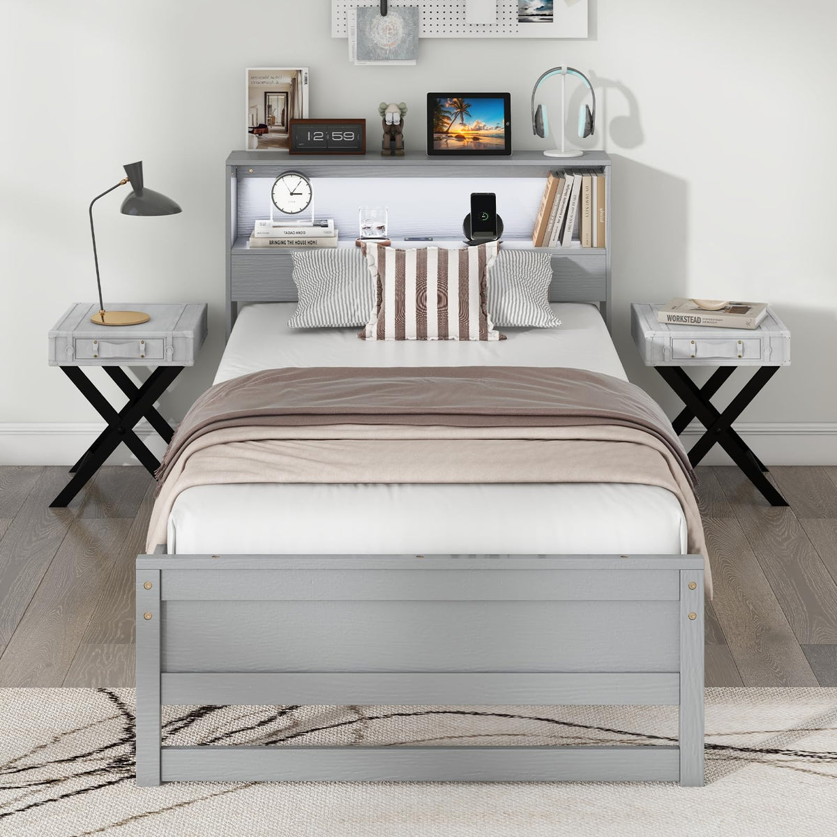 Twin Wood Platform Bed with Storage Headboard and Charging Station S4056