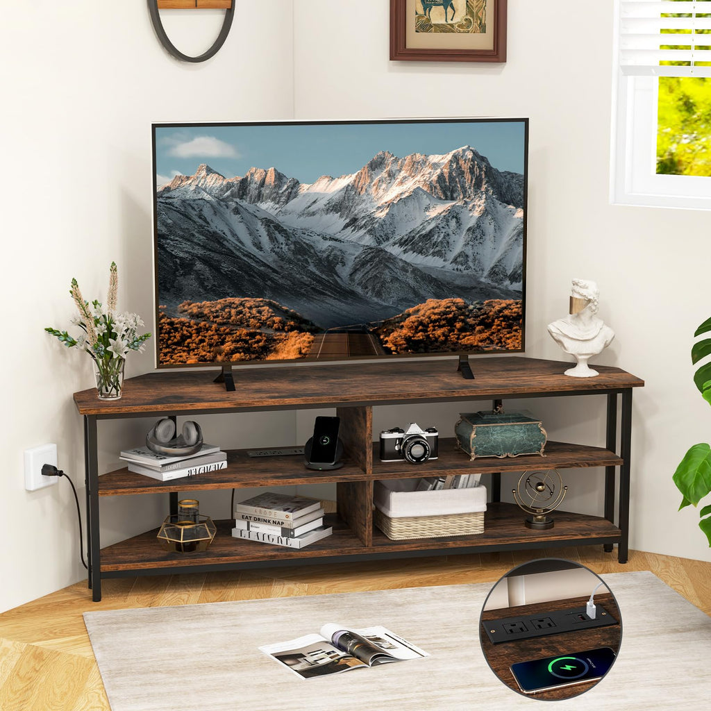 Corner TV Stand for TVs up to 65" with AC Outlets and Storage Shelves G29250