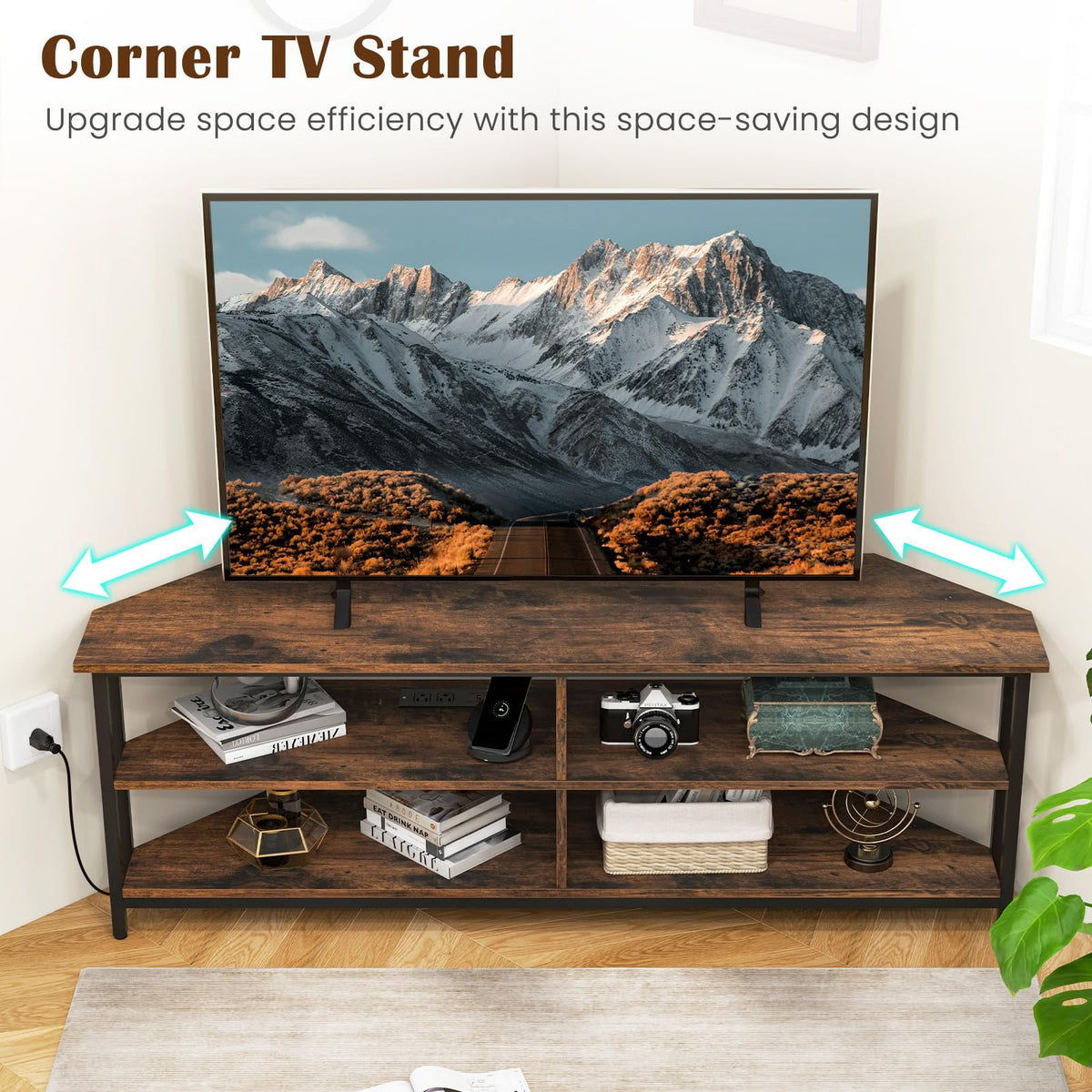 Corner TV Stand for TVs up to 65" with AC Outlets and Storage Shelves G29250