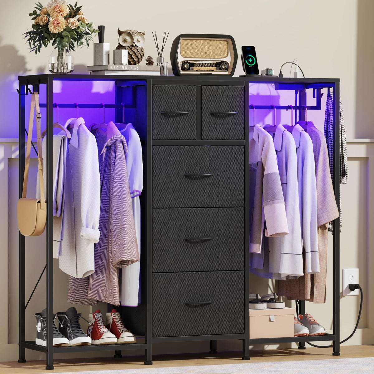 Black 5-Drawer Dresser with 2 Hanging Racks H44776