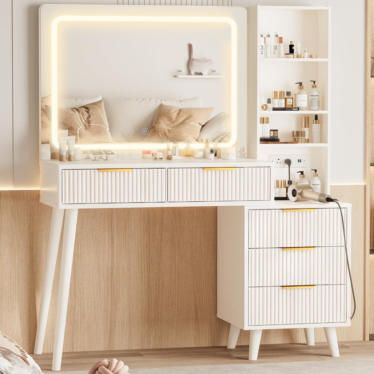 Vanity Desk with Mirror and Lights, 5 Drawers Storage Shelves, 3 Color Modes V7198