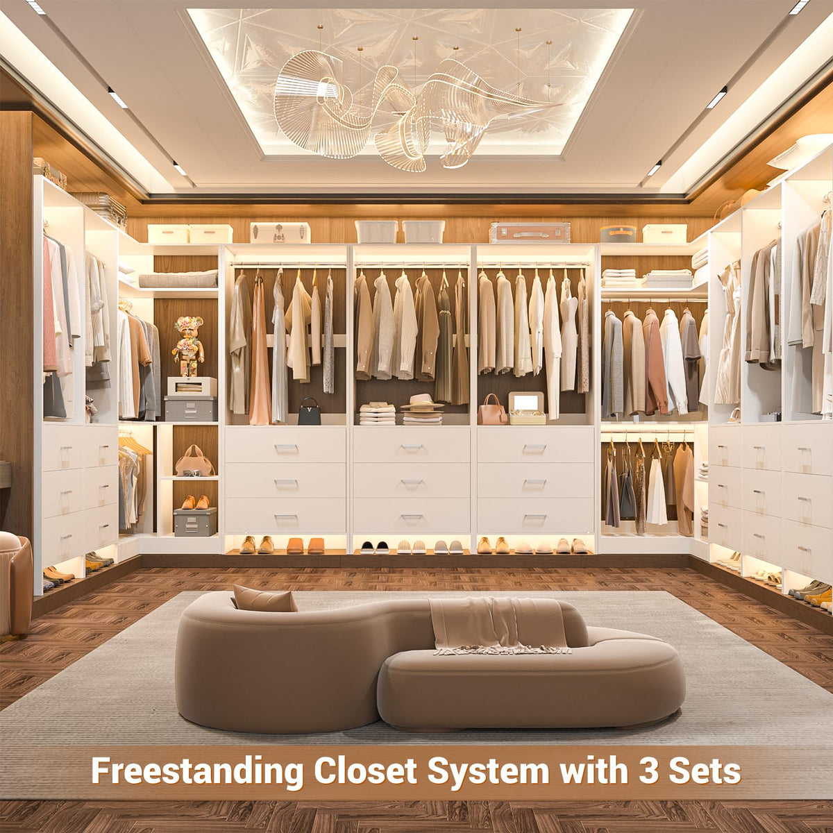 White L-Shaped Closet System with 3 Drawers H434