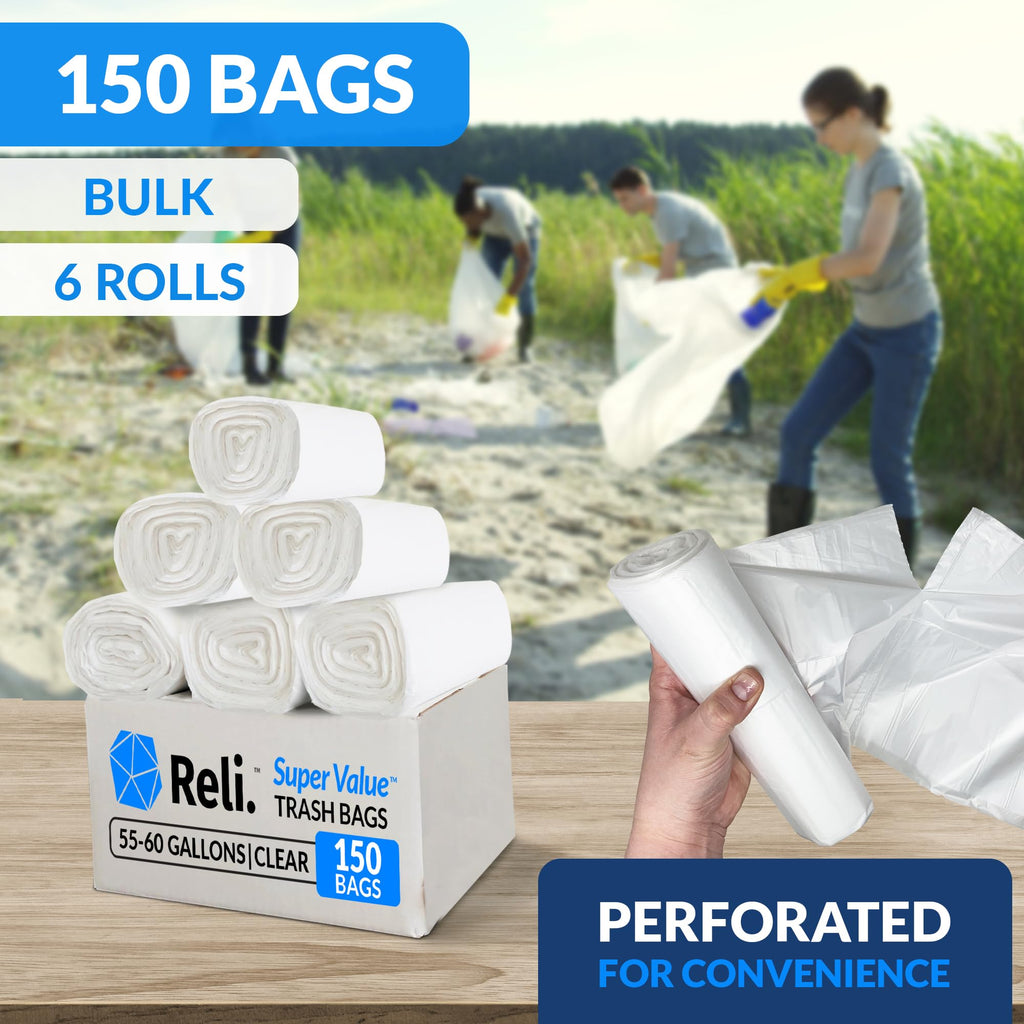 55-60 Gallon Heavy Duty Clear Trash Bags with Ties T781976