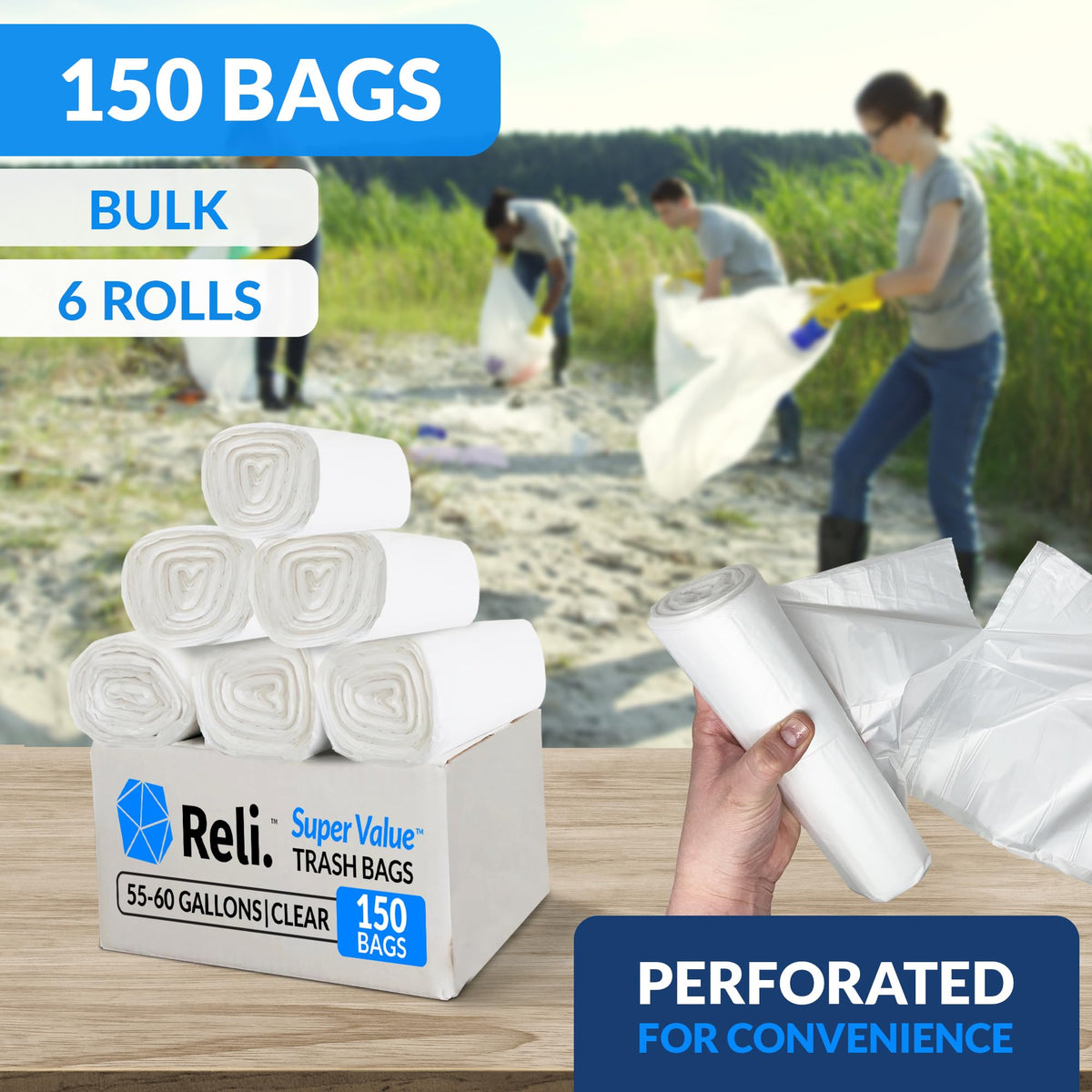 55-60 Gallon Heavy Duty Clear Trash Bags with Ties T781976