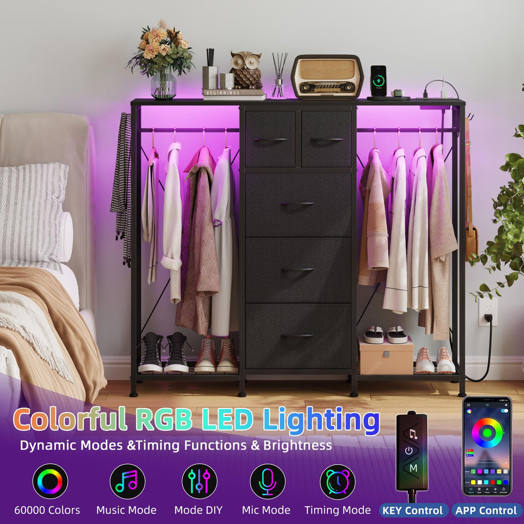 Black 5-Drawer Dresser with 2 Hanging Racks H44776
