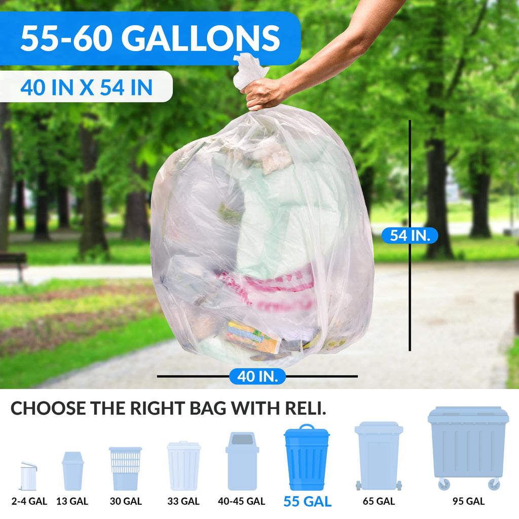 55-60 Gallon Heavy Duty Clear Trash Bags with Ties T781976