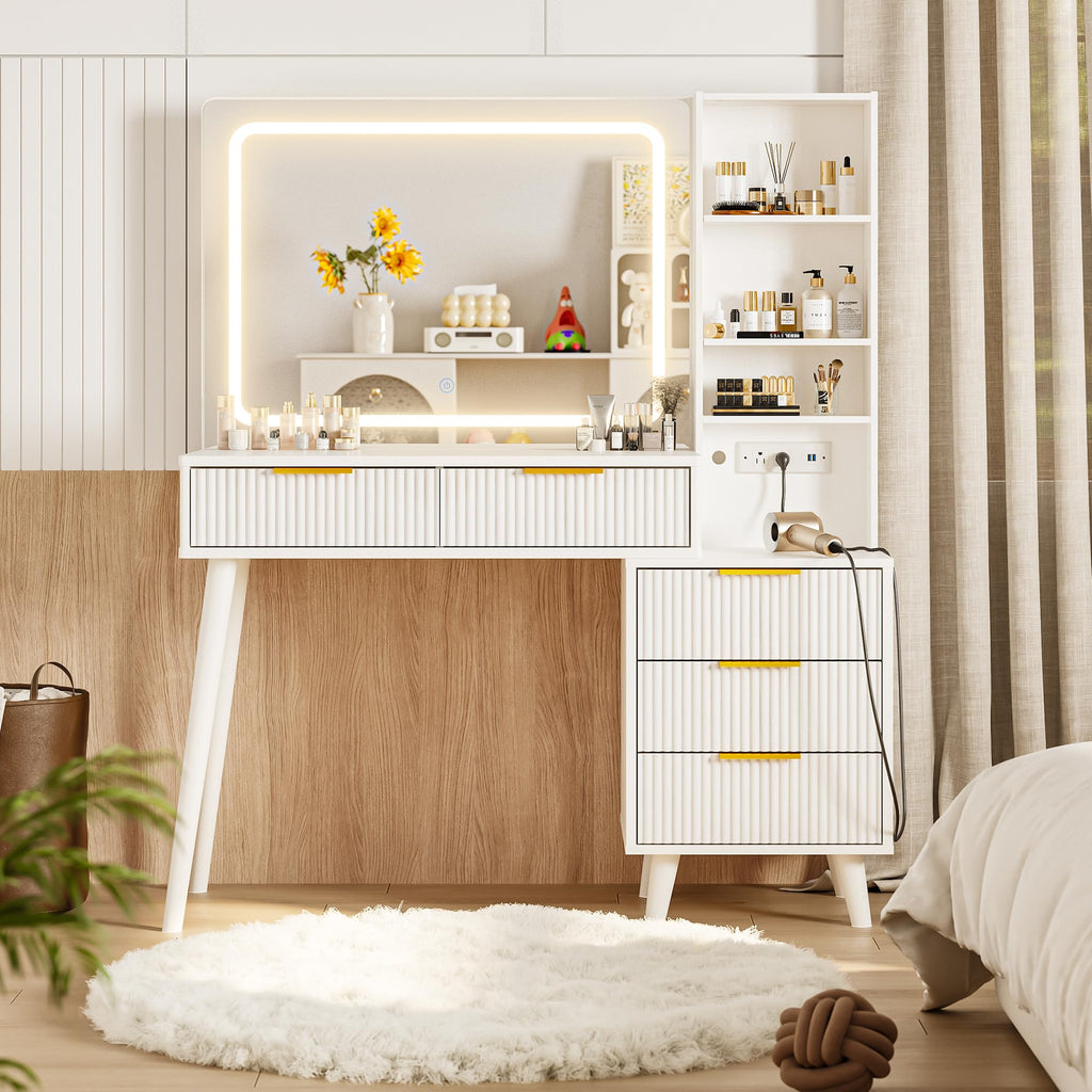 Vanity Desk with Mirror and Lights, 5 Drawers Storage Shelves, 3 Color Modes V7198