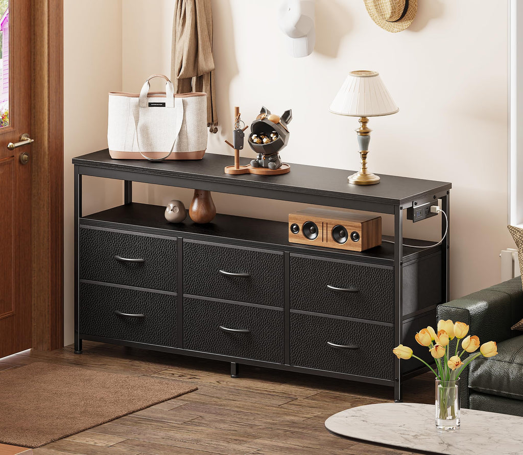 Black 47 Inch 6 Drawer TV Stand with Power Outlets U590
