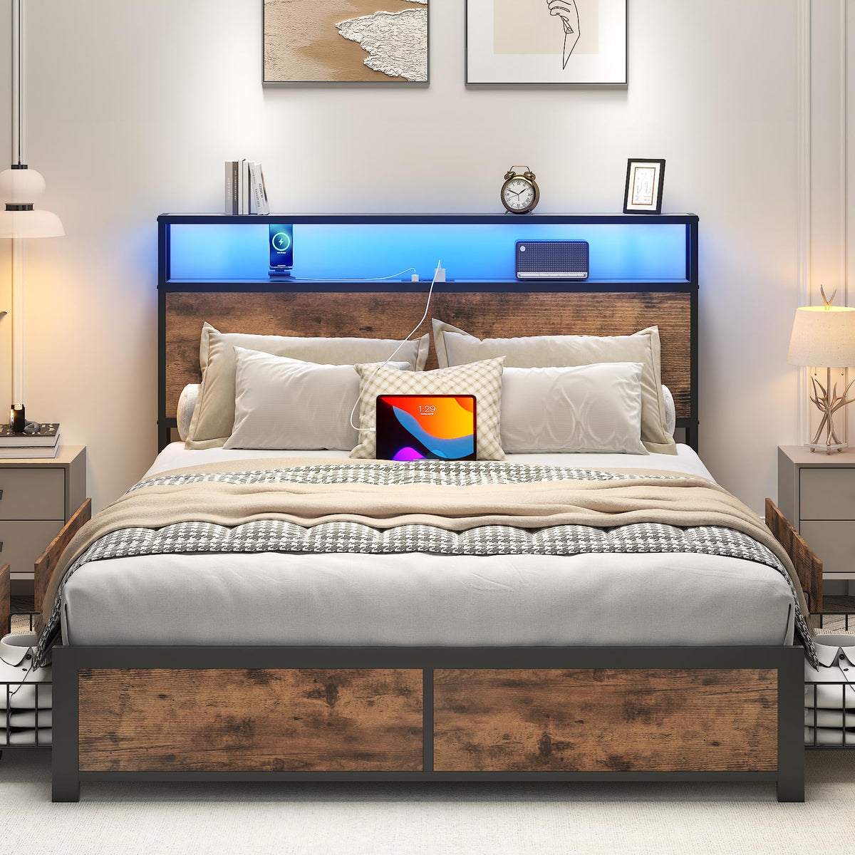 Full Metal Platform Bed Frame with Storage Headboard and Drawers X91092