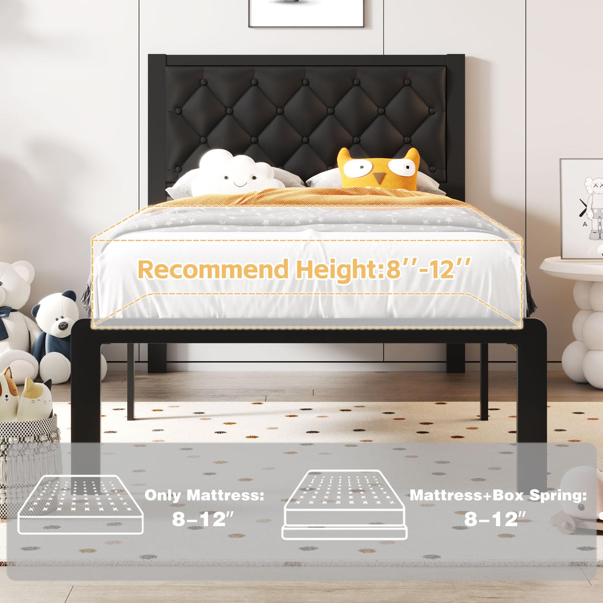 Black PU Leather Upholstered Twin Bed Frame with Headboard L78804