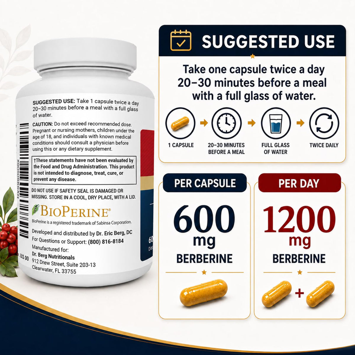 1200 mg Berberine with Ceylon Cinnamon, ALA, Magnesium Glycinate & BioPerine, 60 Capsules W6344