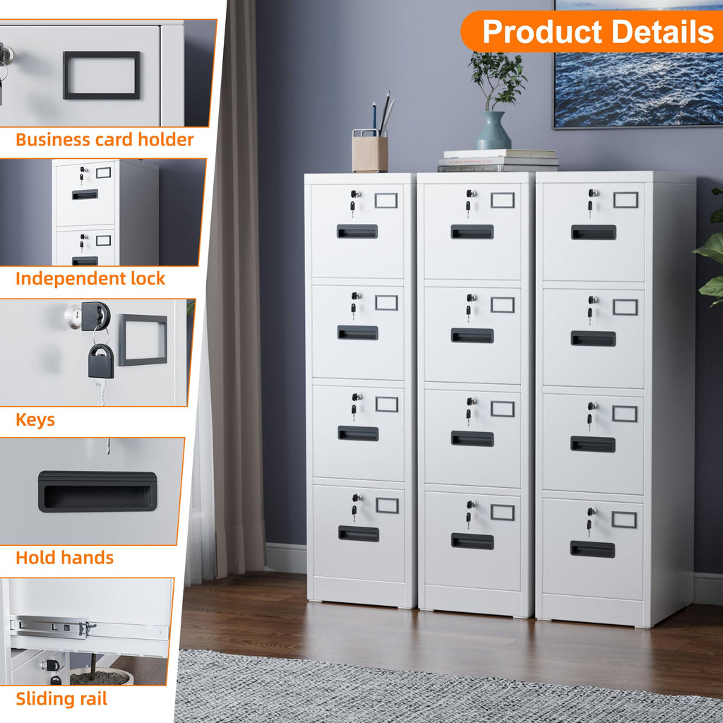 4 Drawer White Metal File Cabinet with Lock C1608