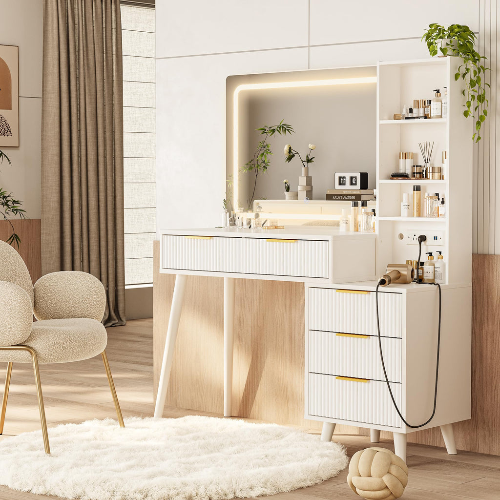 Vanity Desk with Mirror and Lights, 5 Drawers Storage Shelves, 3 Color Modes V7198