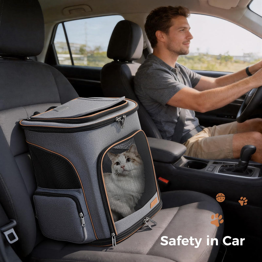 Expandable Foldable Pet Carrier Backpack with Inner Safety Leash, Grey E8026