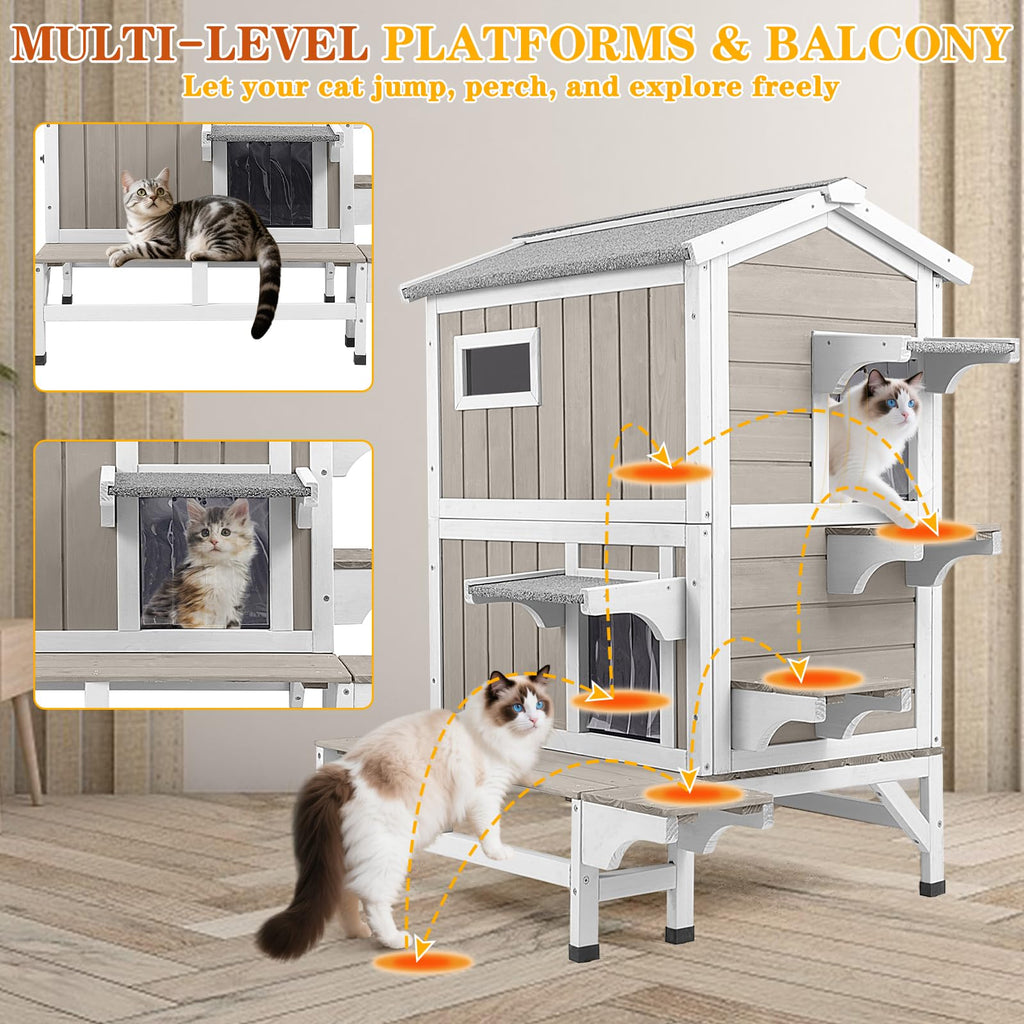 Insulated Outdoor Cat House 2-Story Wooden Shelter H688945