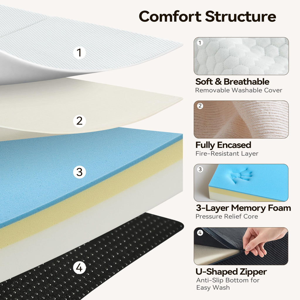 6 Inch Tri Fold Memory Foam Queen Mattress with Washable Cover U70544