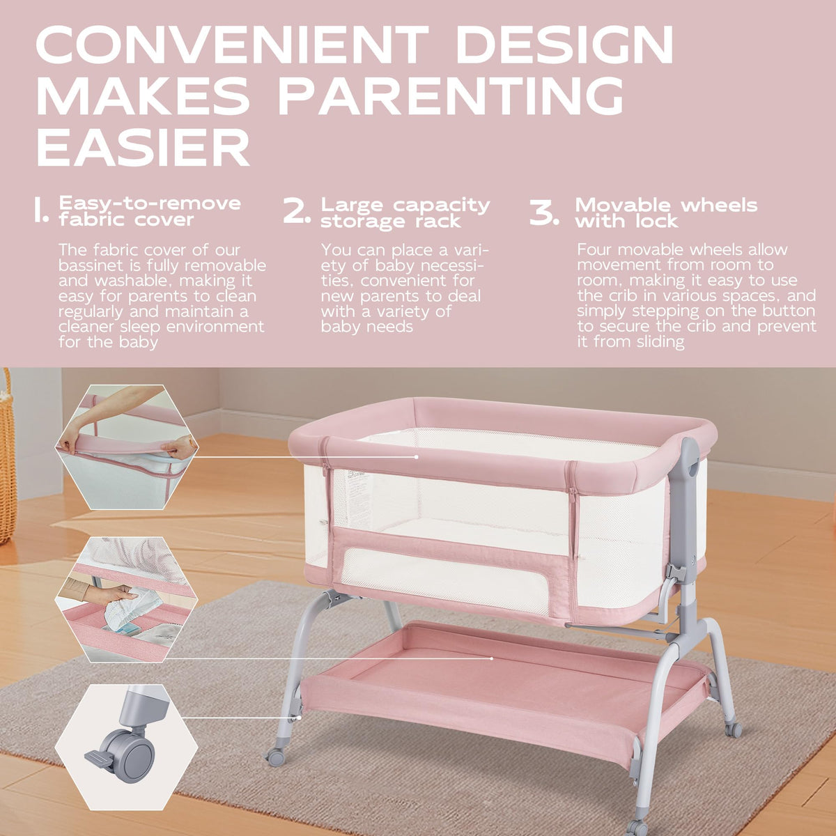 Baby Bassinet Bedside Crib with Mattress & Sheet, 4-Sided Mesh, Pink G205