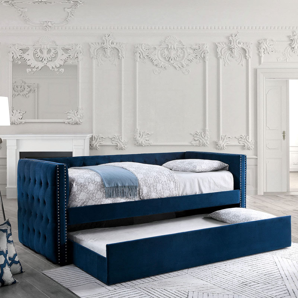 Navy Daybed with Trundle Button Tufted Upholstery R2895
