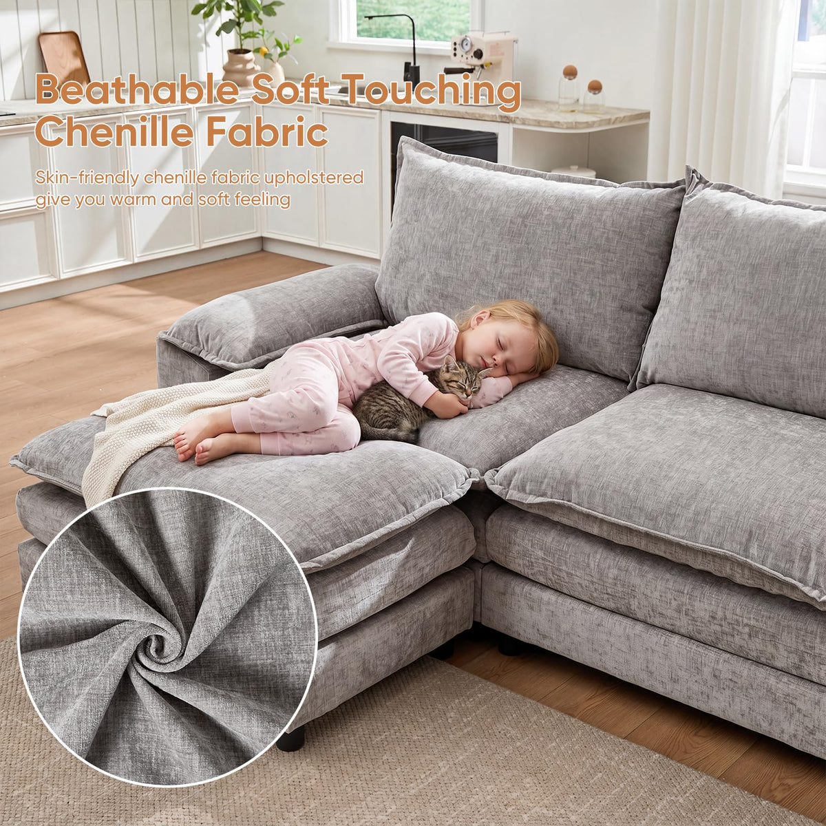 Light Gray Chenille 2 Seater Sofa with Pillows S67319