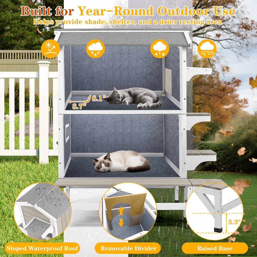 Insulated Outdoor Cat House 2-Story Wooden Shelter H688945
