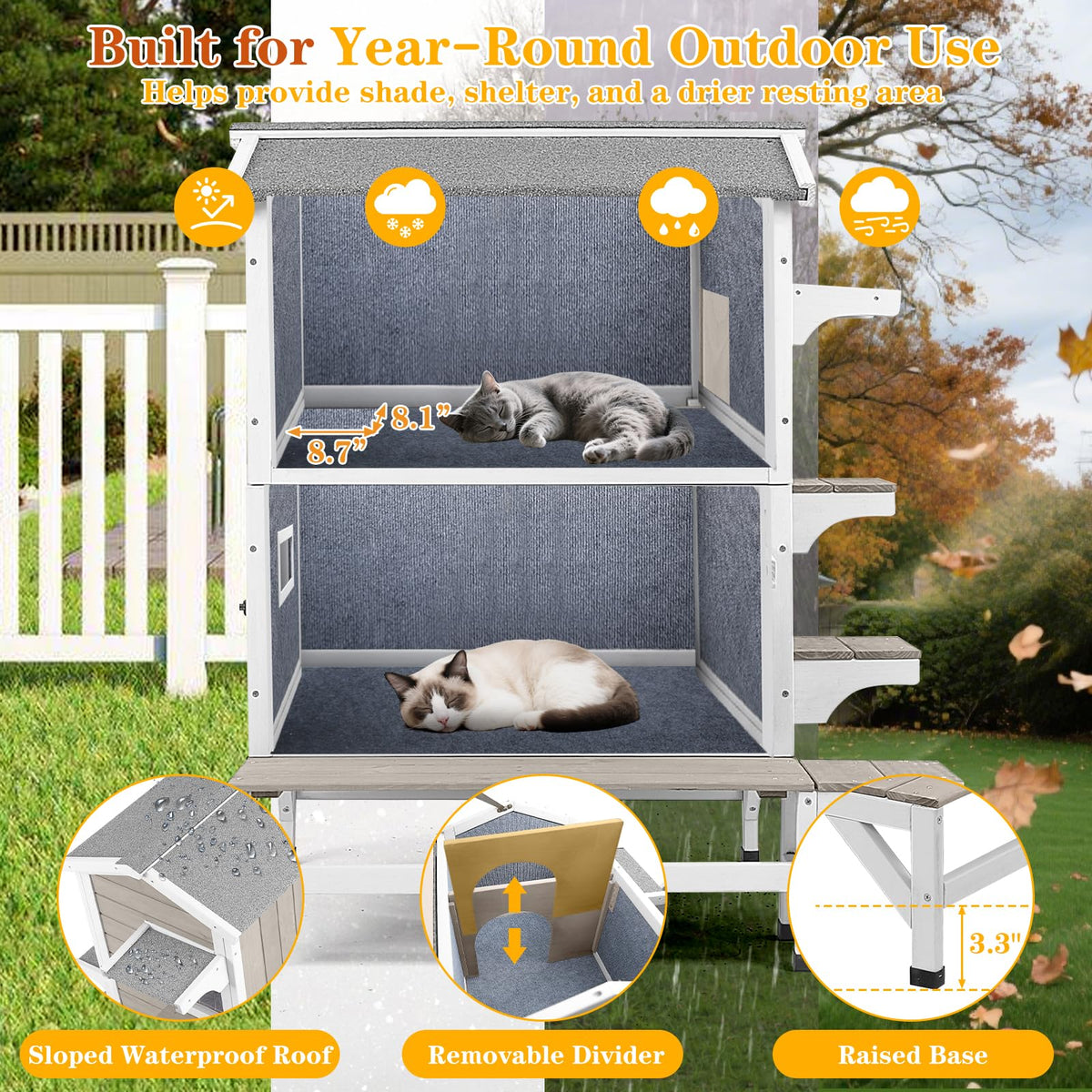 Insulated Outdoor Cat House 2-Story Wooden Shelter H688945