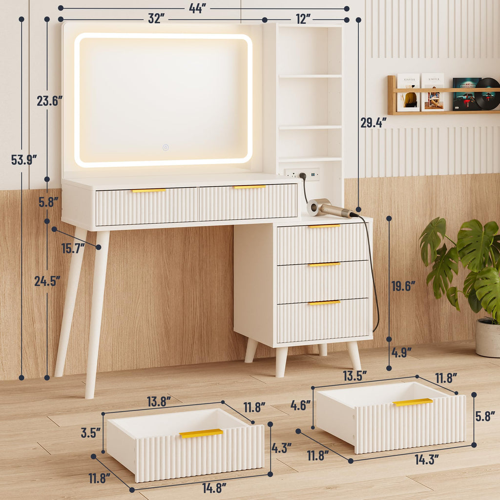 Vanity Desk with Mirror and Lights, 5 Drawers Storage Shelves, 3 Color Modes V7198