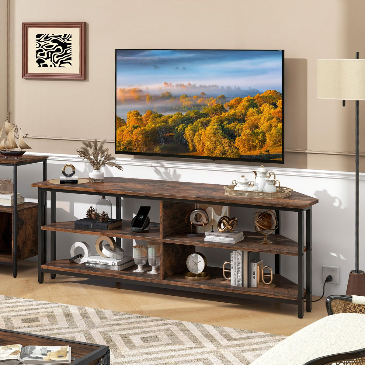 Corner TV Stand for TVs up to 65" with AC Outlets and Storage Shelves G29250