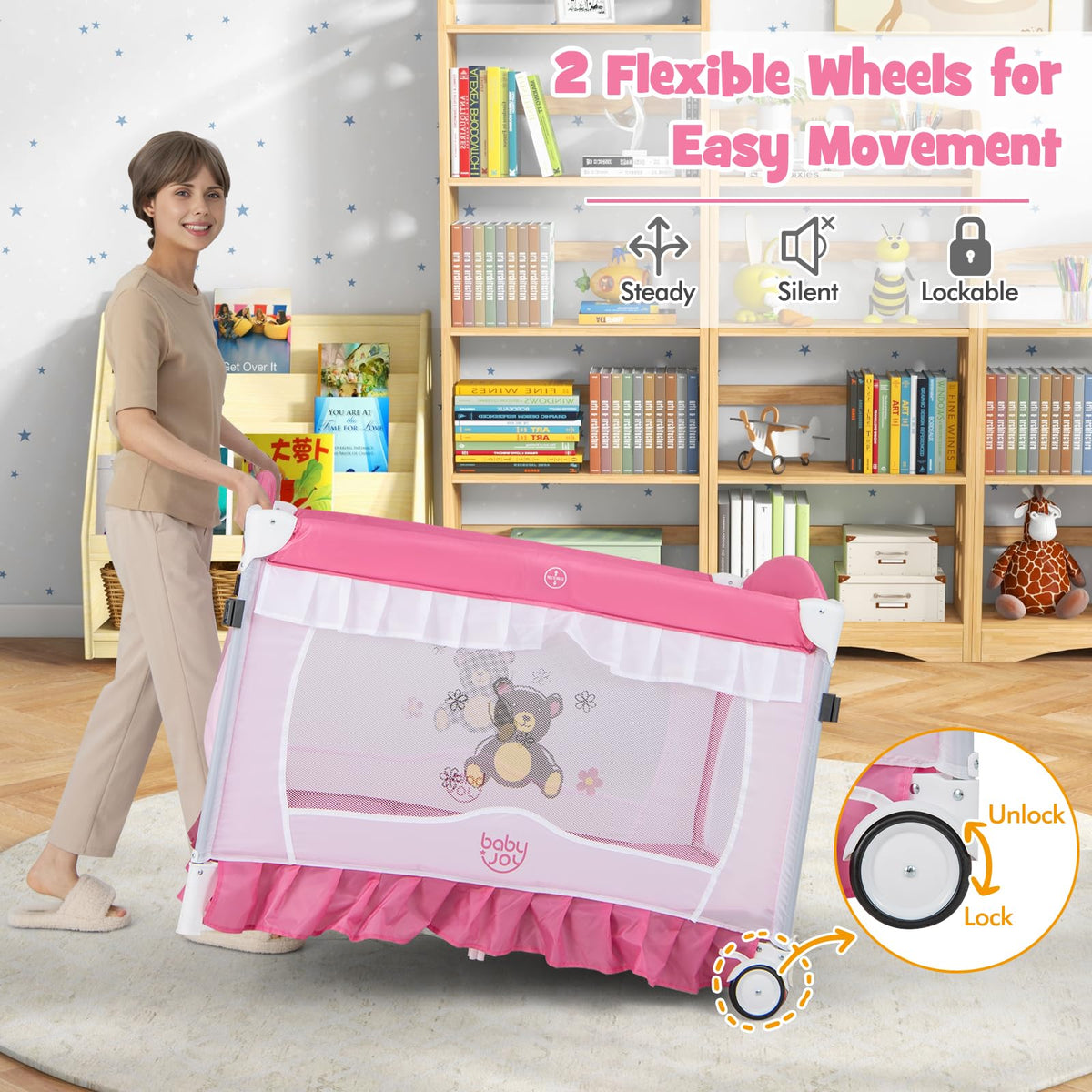 4 in 1 Pack and Play with Canopy, Portable Playard with Bassinet J564