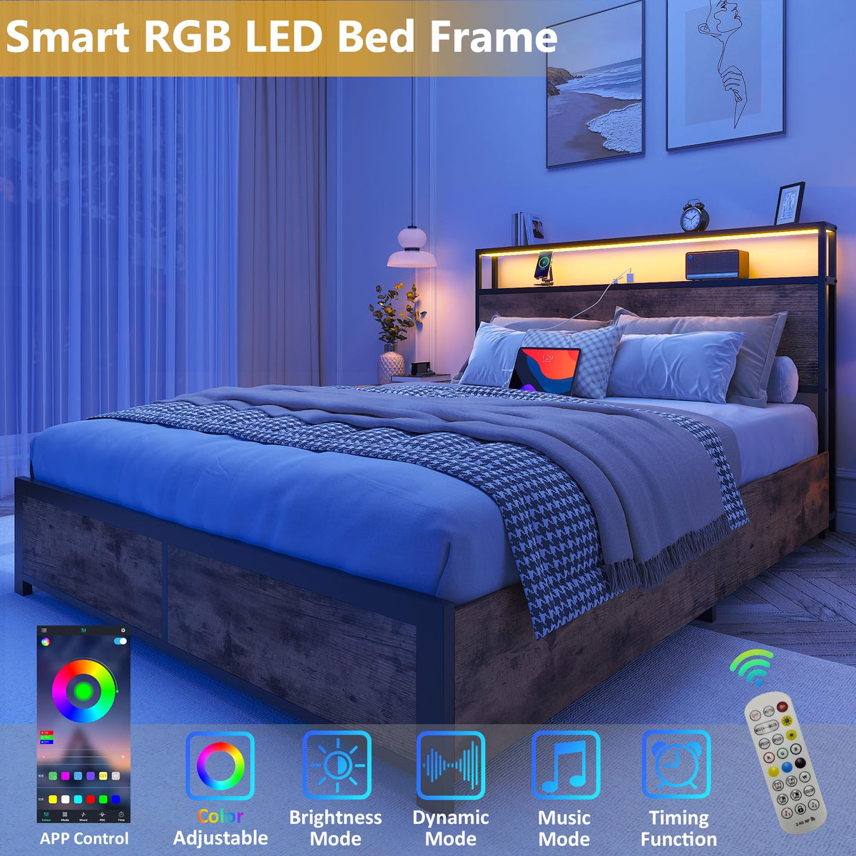Full Metal Platform Bed Frame with Storage Headboard and Drawers X91092