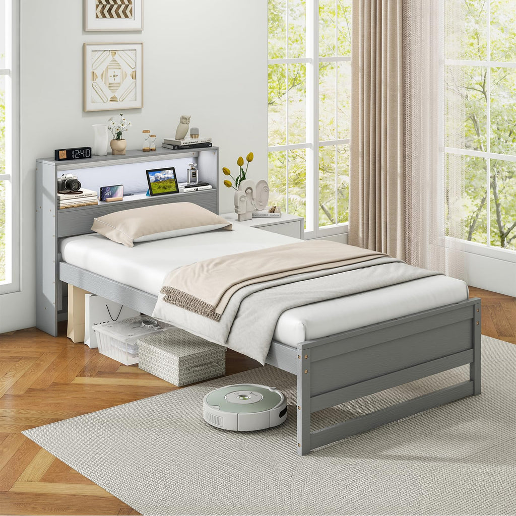 Twin Wood Platform Bed with Storage Headboard and Charging Station S4056