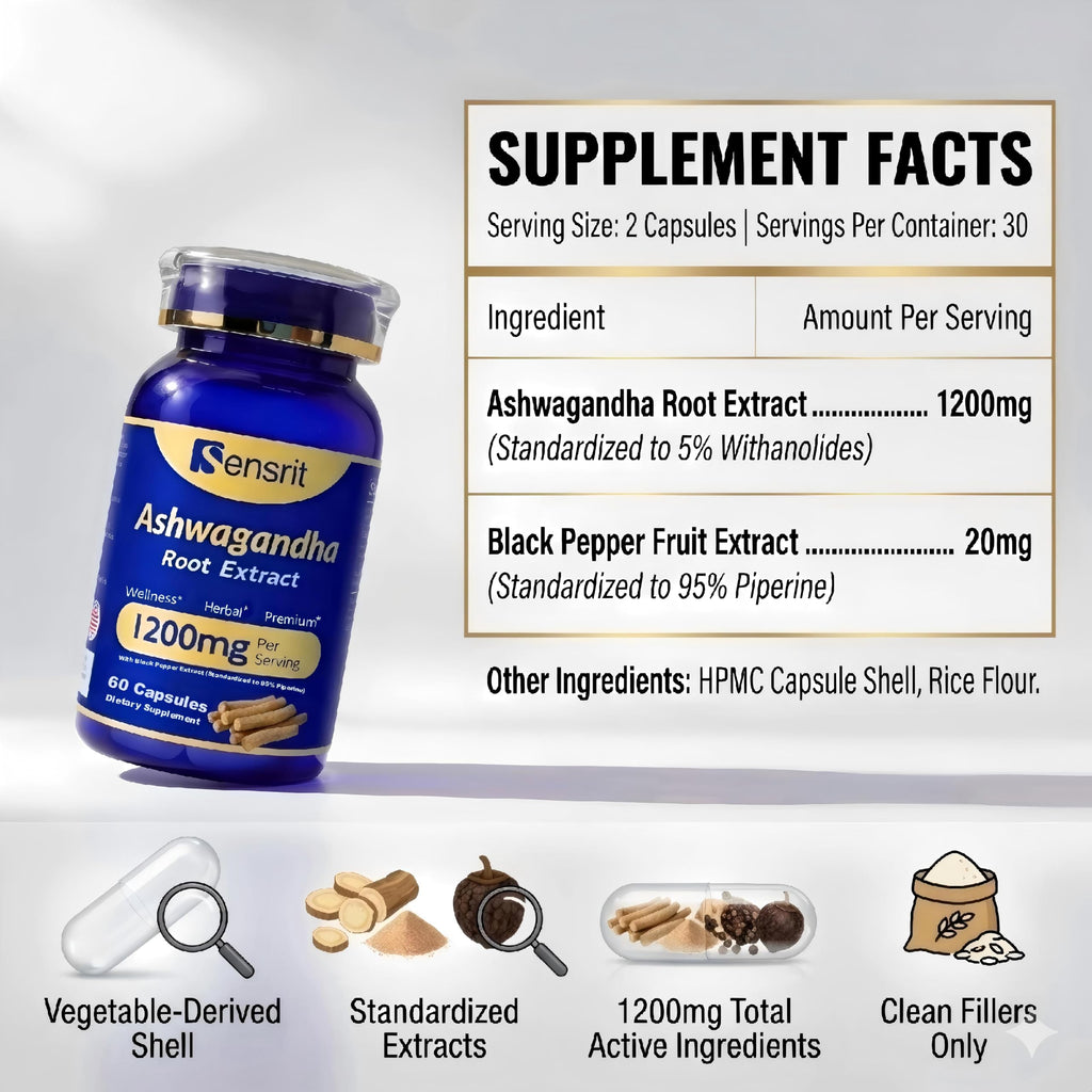 Ashwagandha 1200mg Root Extract 60 Capsules Supplement S226