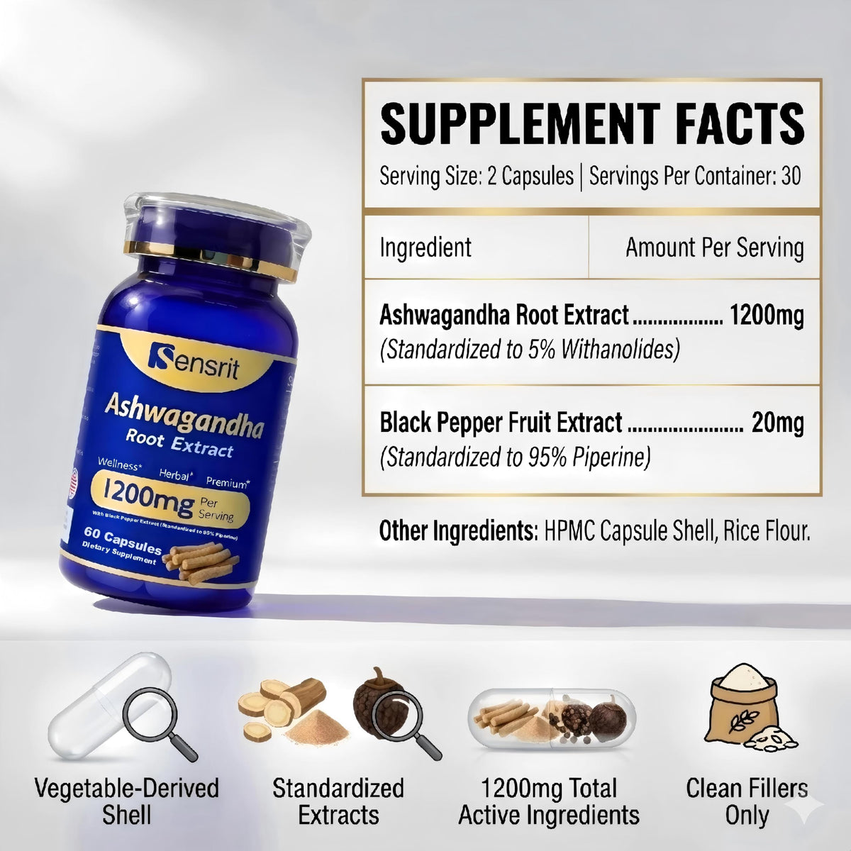 Ashwagandha 1200mg Root Extract 60 Capsules Supplement S226
