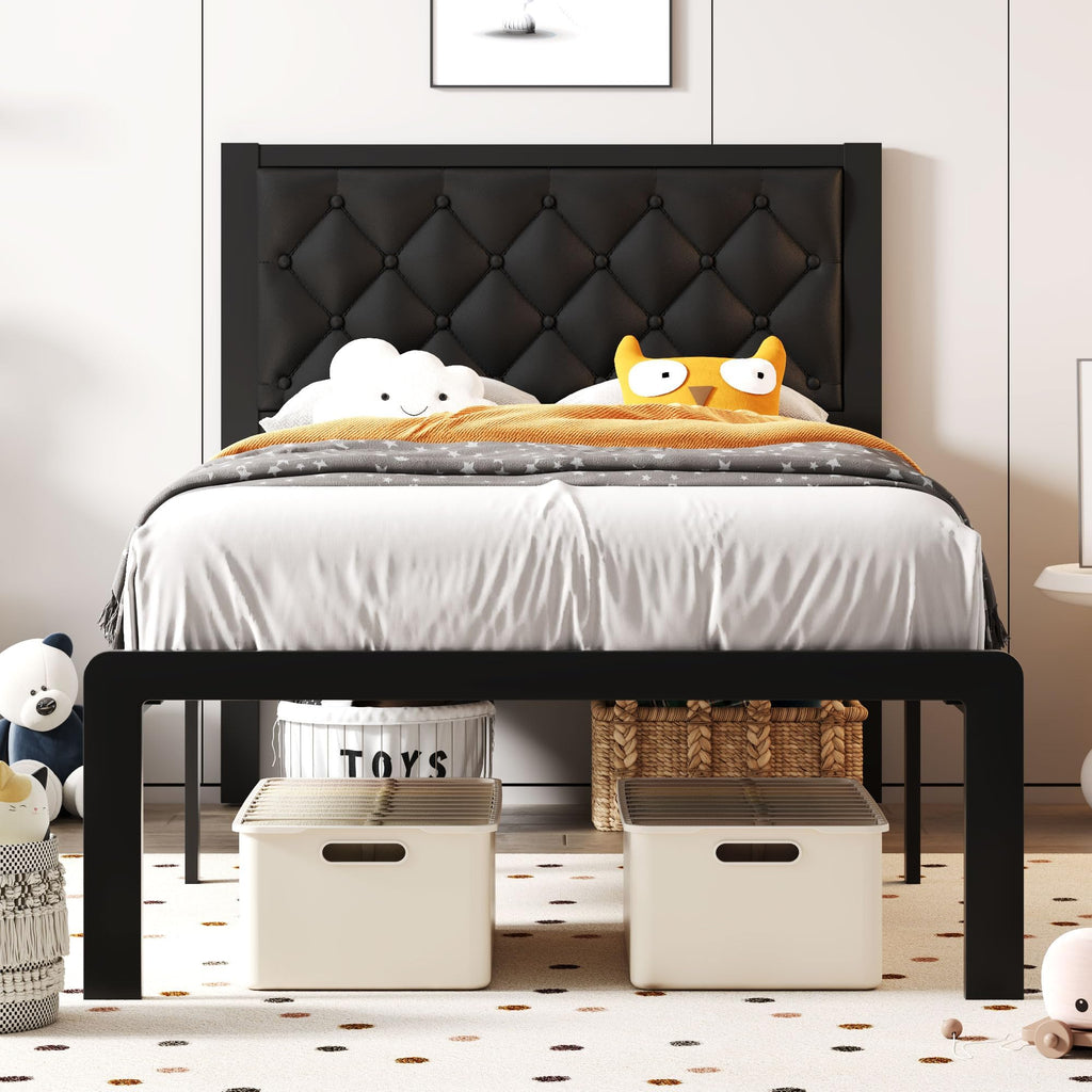 Black PU Leather Upholstered Twin Bed Frame with Headboard L78804
