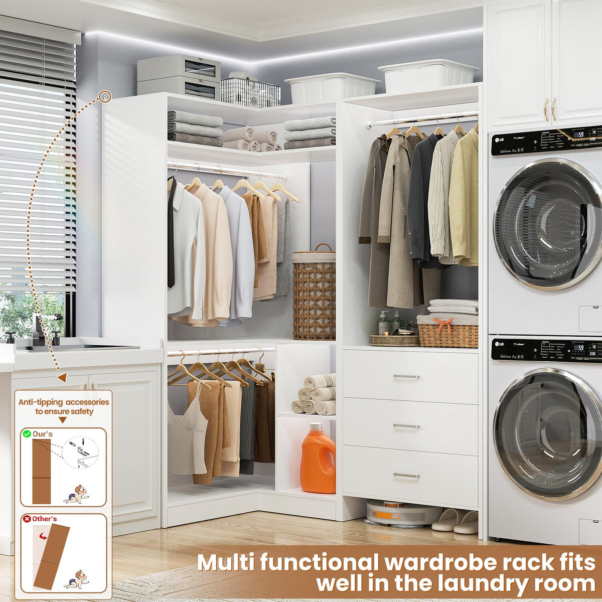 White L-Shaped Closet System with 3 Drawers H434