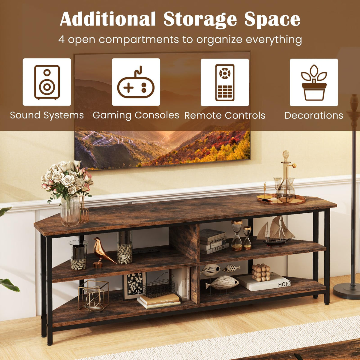 Corner TV Stand for TVs up to 65" with AC Outlets and Storage Shelves G29250