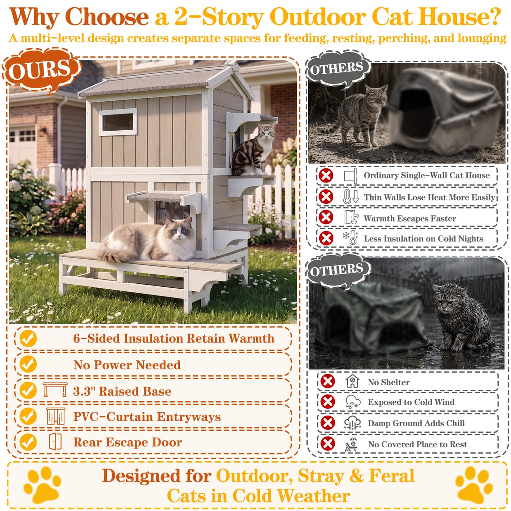 Insulated Outdoor Cat House 2-Story Wooden Shelter H688945