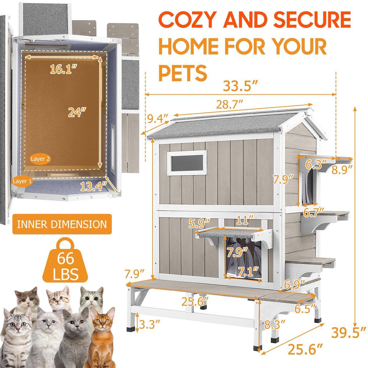 Insulated Outdoor Cat House 2-Story Wooden Shelter H688945