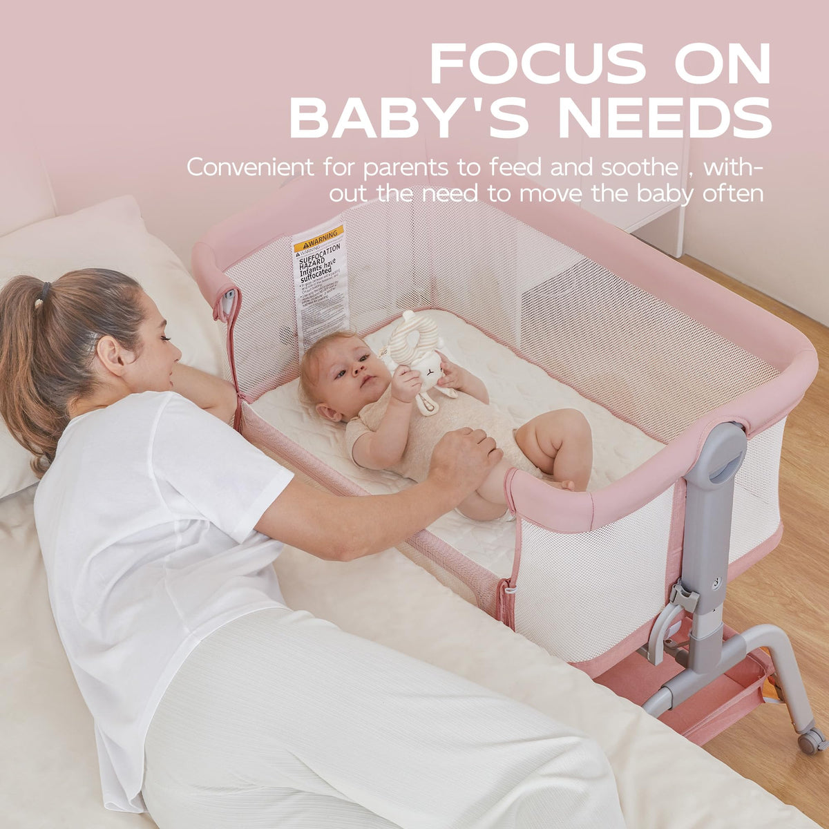 Baby Bassinet Bedside Crib with Mattress & Sheet, 4-Sided Mesh, Pink G205